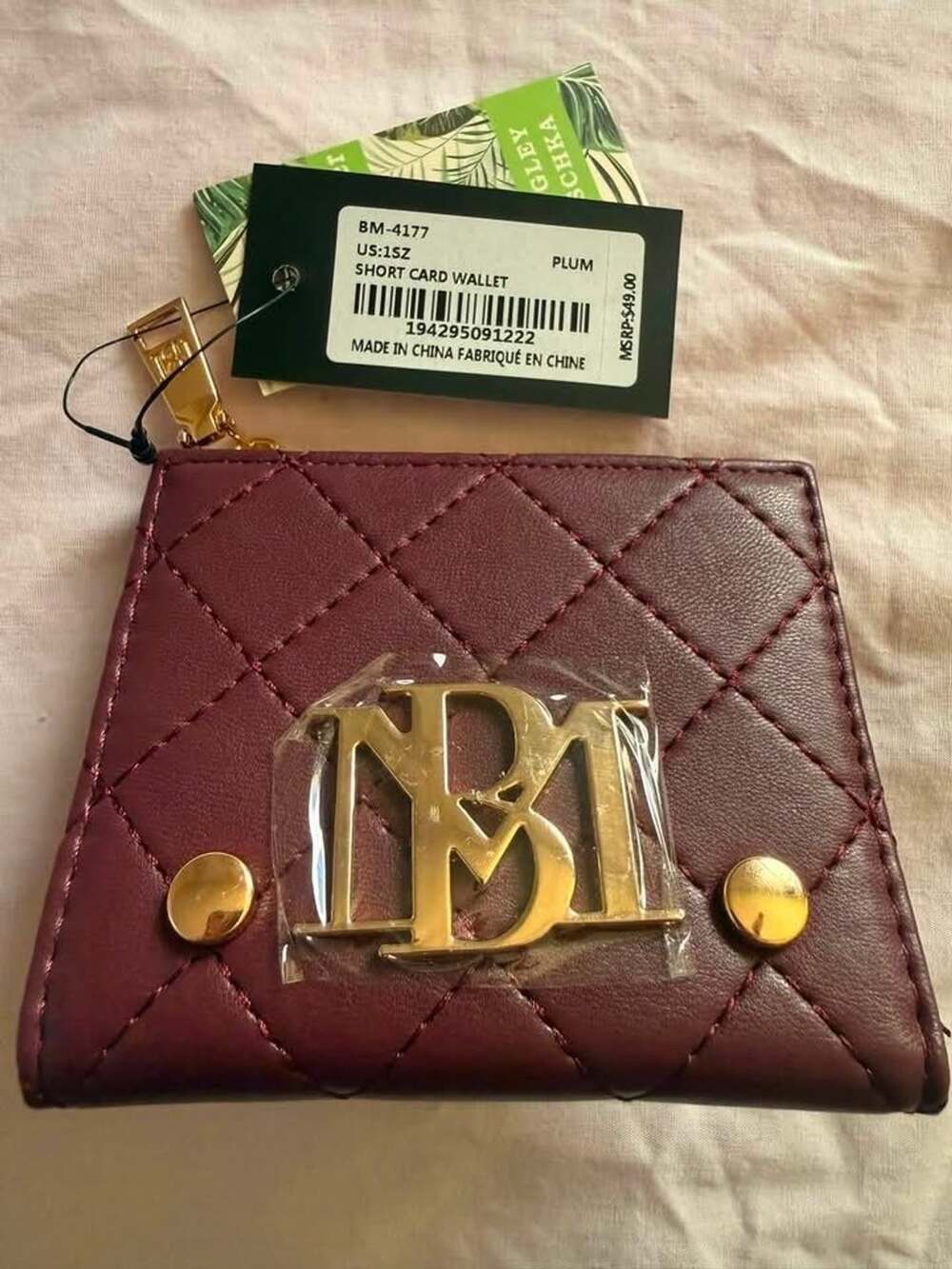 Badgley Mischka Short Card Wallet Size 1SZ Plum Vegan Leather Quilted